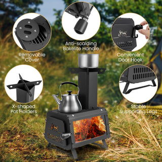 Patented Portable Wood Camping Burning Stove Heater Tabletop Fire Pit with 2 Cooking Positions