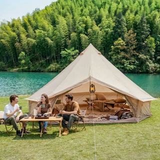 13.1FT 4-Season Bell Tent, Waterproof Canvas Glamping Yurt with Stove Jack, Green/Beige Family Camping Tent for 6-8 Persons Outdoor Camping & Parties