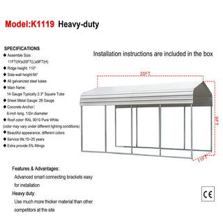 11ft x 20ft Metal Carport – Reinforced Steel Roof Outdoor Parking Shelter