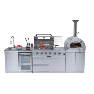 Outdoor Kitchen Island with 120,000 BTU Double Grill, Pizza Oven, Fridge, Rotisserie & Granite Countertops
