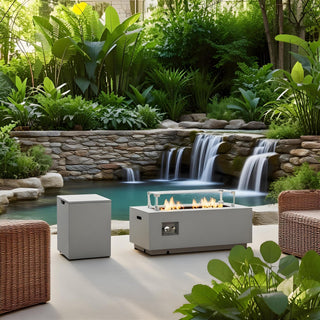 42" Propane Gas Fire Pit Table 2-Pieces, 50000 BTU Rectangular Steel Fire Pit with Glass Wind Guard for Outside Patio Deck Garden Courtyard -Light Gray