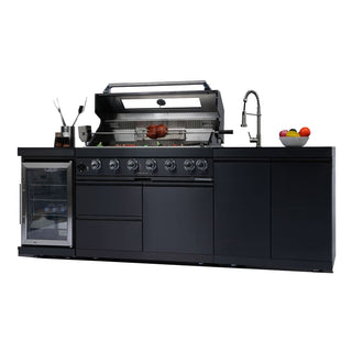 43-Inch Deluxe Outdoor Kitchen BBQ Island Grill, 6-Burner 85,000 BTU Stainless Steel Gas Grill with Wine Cooler, Refrigerator, Rotisserie Kit, Granite Countertop & Sink