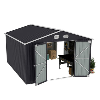 10x12 FT Outdoor Metal Storage Shed, Large Garden Shed with Sturdy Frame & Lockable Door, Weather-Resistant Tool Storage Shed for Backyard, Dark Gray/Brown