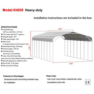 40ft x 20 Ft Heavy Duty Metal Carport Garage – Weatherproof Steel Vehicle Shelter