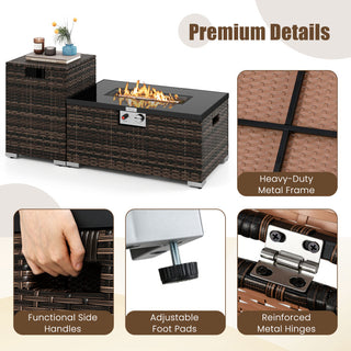2-Piece Outdoor Rattan Fire Table Set 32 Inch Rectangle Gas Firepit with Tank Cover
