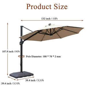 11ft Solar LED Market Umbrella with Base – Outdoor Round Patio Umbrella with Crank & Aluminum Pole