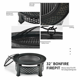 Outdoor Fire Pit with BBQ Grill and High-temp Resistance Finish
