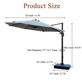 11ft Solar LED Cantilever Patio Umbrella with Base – Offset Outdoor Umbrella with Crank Lift (Grey)