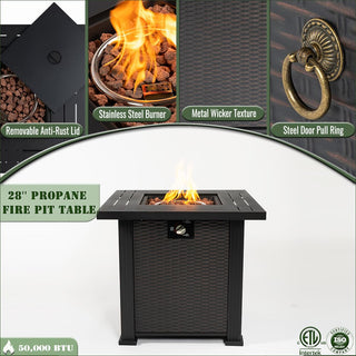 28" Propane Gas Fire Pit Table, 50000 BTU Square Steel Fire Pit for Outside Patio Deck Garden Backyard-Black