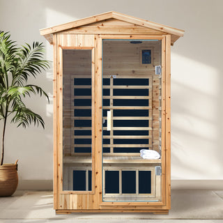 2-Person Outdoor Far Infrared Sauna Room with Old Fir Wood – Home Spa Dry Sauna Cabin