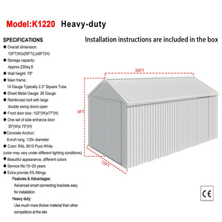 12ft x 20ft Single Garage Metal Shed – Double Door Heavy Duty Outdoor Storage Garage