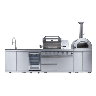 Outdoor Kitchen Island with 120,000 BTU Double Grill, Pizza Oven, Fridge, Rotisserie & Granite Countertops