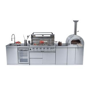 Outdoor Kitchen Island with 120,000 BTU Double Grill, Pizza Oven, Fridge, Rotisserie & Granite Countertops