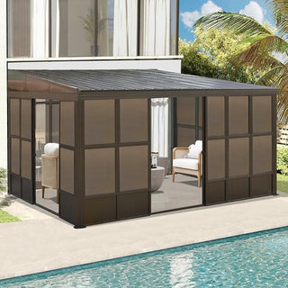 Wall-Mounted Sunroom Lean-To Solarium with Galvanized Steel Roof, Lockable Sliding Door & Detachable PVC Screen for Patio Deck