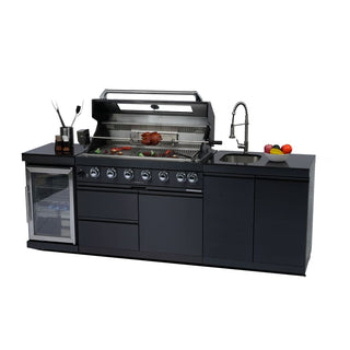 43-Inch Deluxe Outdoor Kitchen BBQ Island Grill, 6-Burner 85,000 BTU Stainless Steel Gas Grill with Wine Cooler, Refrigerator, Rotisserie Kit, Granite Countertop & Sink