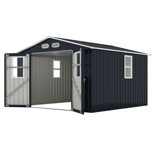 8x8 ft Outdoor Storage Shed with 4 Windows, Lockable Double Doors & Weather-Resistant Steel Frame – Garden Tool Shed