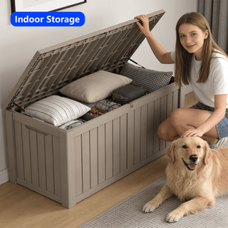 120-Gallon Resin Outdoor Deck Box with Lockable Lid, Patio Storage Bench for Cushions & Pillows – Black/Light Brown