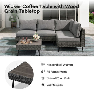 5 Pieces All-Weather PE Wicker Outdoor Sectional Sofa Set, Rattan Patio Conversation Set with Thick Cushions and Coffee Table