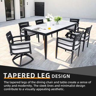 7-Piece Aluminum Outdoor Patio Dining Set with Sintered Stone Table & Sunbrella Cushions, 4 Chairs & 2 Swivel Rockers – Ember Black