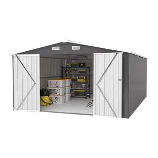 10×14 FT Heavy-Duty Metal Storage Shed with 3 Lockable Doors, 4 Vents & Sloped Roof – Outdoor Garden Tool Shed for Backyard, Patio & Lawn (Dark Grey)