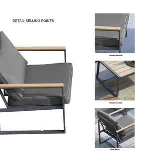 Outdoor 4 Pieces Furniture Sets Modern Iron Patio Conversation Sets Sofa w Grey Cushion Faux Wood Grain Frame