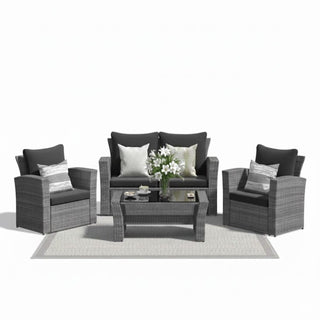 4-Piece Wicker Patio Conversation Set With Glass Table and Blue/Black/Gray Cushions