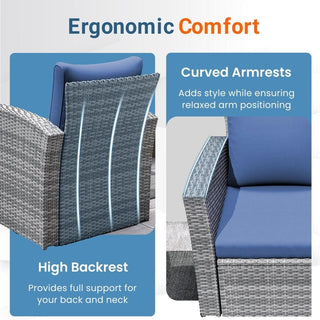 4-Piece Wicker Patio Conversation Set With Glass Table and Blue/Black/Gray Cushions