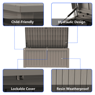 120-Gallon Resin Outdoor Deck Box with Lockable Lid, Patio Storage Bench for Cushions & Pillows – Black/Light Brown