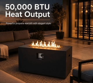 42 Inch Rectangular Propane Fire Pit Table, 50000 BTU Lightweight Concrete Outdoor Gas Fire Table with Lava Rocks, Burner Lid & Waterproof Cover