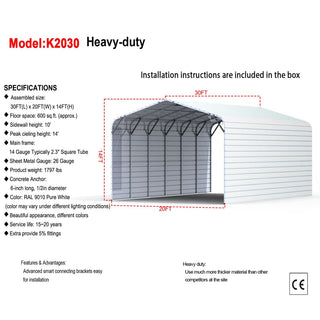 20x30 Ft Metal Garage Carport – Heavy Duty Steel Structure with 13ft High Roof