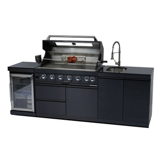 43-Inch Deluxe Outdoor Kitchen BBQ Island Grill, 6-Burner 85,000 BTU Stainless Steel Gas Grill with Wine Cooler, Refrigerator, Rotisserie Kit, Granite Countertop & Sink