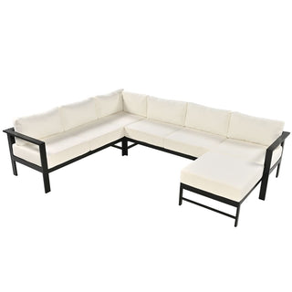 U-Shaped All Weather Patio Sectional Sofa Set, 5-6 Seater Outdoor Conversation Couch with 5.9" Thick Cushions & Heavy Duty Iron Frame for Garden Backyard Poolside