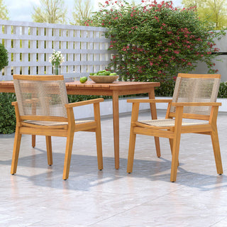 Outdoor Dining Chairs Set of 2, Teak Finish Wood Frame , Natural Courtyard Style, 400lbs Capacity