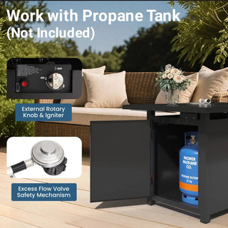 30”Width Outdoor 2-in1 Black Rattan Look Fireplace Table, 50000 BTU CSA Certified Propane Square Gas Fire Pit Table with Stainless Burner, Lid, Lava Rocks and Waterproof Cover