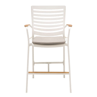 Outdoor Patio Aluminum Barstool in Light Matte Sand with Natural Teak Wood Accen