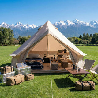 9.8FT 4-Season Bell Tent, Waterproof Glamping Yurt Tent with Stove Jack, Green/Beige Canvas Family Camping Tent for 4 Persons Outdoor Camping & Parties