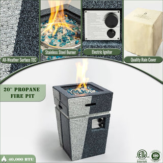 20" Propane Gas Fire Pit Table, 40000 BTU Square Concrete Fire Pit for Outside Patio Deck Garden Backyard-Light Gray