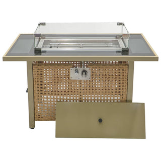43" Propane Gas Fire Pit Table, 60000 BTU Rectangular Open Weave Wicker Fire Pit with Glass Wind Guard for Outside Patio Deck Garden Backyard