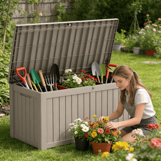 120-Gallon Resin Outdoor Deck Box with Lockable Lid, Patio Storage Bench for Cushions & Pillows – Black/Light Brown