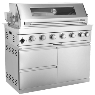 Outdoor Kitchen Island with 120,000 BTU Double Grill, Pizza Oven, Fridge, Rotisserie & Granite Countertops