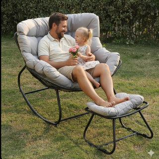 Dark Gray/Light Gray/Green Egg Rocking Chair with Ottoman, All-Weather Wicker Lounge & Cushions