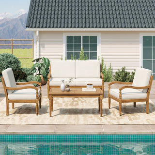 4-Piece Outdoor Acacia Wood Sofa Seating Group with Cushions – Natural & Beige Patio Set