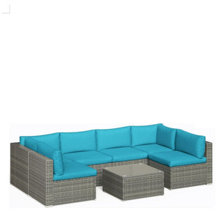 7-Piece All-Weather Gray Wicker Couch Patio Set with Removable Light Blue Cushions and Glass Coffee Table for Patio, Poolside & Backyard