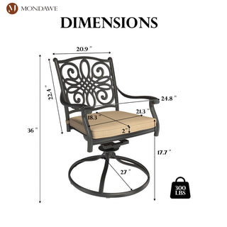 Set of 2 Cast Aluminum Outdoor Swivel Dining Chairs with Cushions