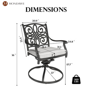 Set of 2 Cast Aluminum Outdoor Swivel Dining Chairs with Cushions
