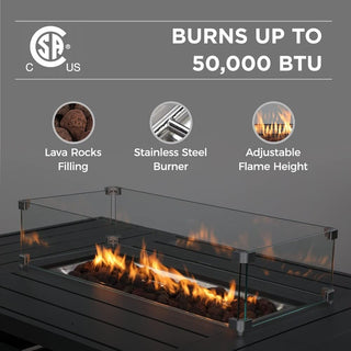 54.3 Inches Outdoor Patio White/Dark Grey/Black Aluminum Fire Pit Table, 50000 BTU CSA Certified Propane Gas Fire Pit, Rectangular Fire Table w/Stainless Burner, Lava Rock, Waterproof Cover