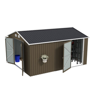 10x12 FT Outdoor Metal Storage Shed, Large Garden Shed with Sturdy Frame & Lockable Door, Weather-Resistant Tool Storage Shed for Backyard, Dark Gray/Brown