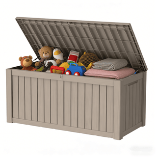 120-Gallon Resin Outdoor Deck Box with Lockable Lid, Patio Storage Bench for Cushions & Pillows – Black/Light Brown
