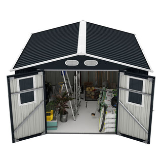 8x8 ft Outdoor Storage Shed with 4 Windows, Lockable Double Doors & Weather-Resistant Steel Frame – Garden Tool Shed