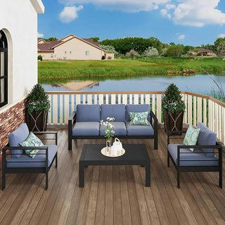 Patio Sofa Aluminum Outdoor Sofa with 3 Seats, All-Weather Metal Outdoor Couch with 5" Thick and Soft Cushion-Light Gray/Blue